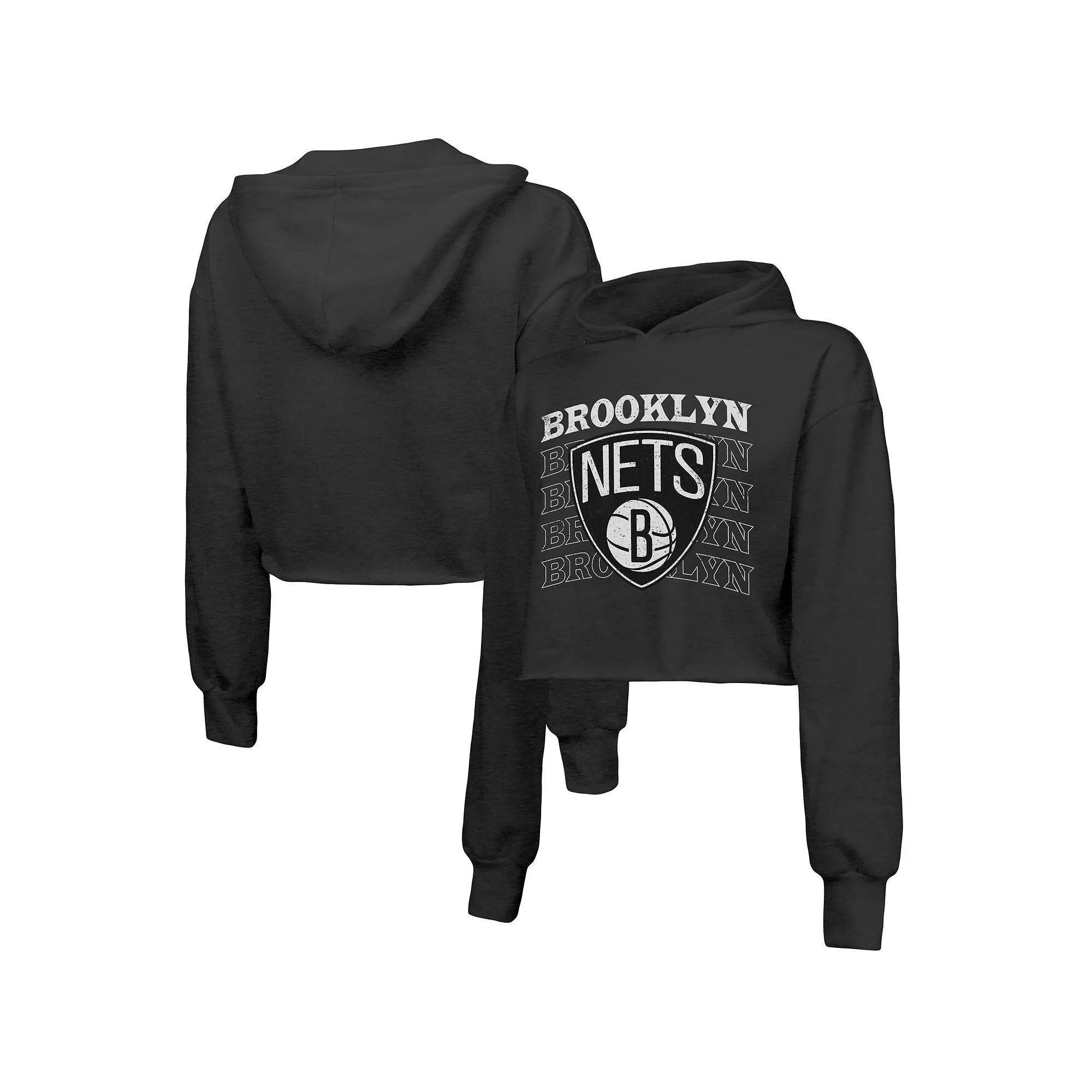 Women's Majestic Threads Black Brooklyn Nets Repeat Cropped Tri-Blend Pullover Hoodie, Size: 2XL Product Image