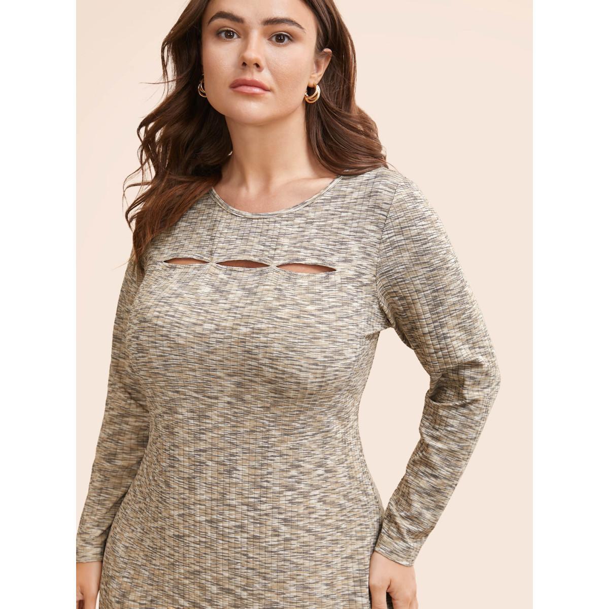 Plus Size Heather Pit Strip Cut Out Dress LightBrown Women Elegant Distressed Round Neck Extra Long Sleeve Curvy BloomChic 22-24/3X Product Image