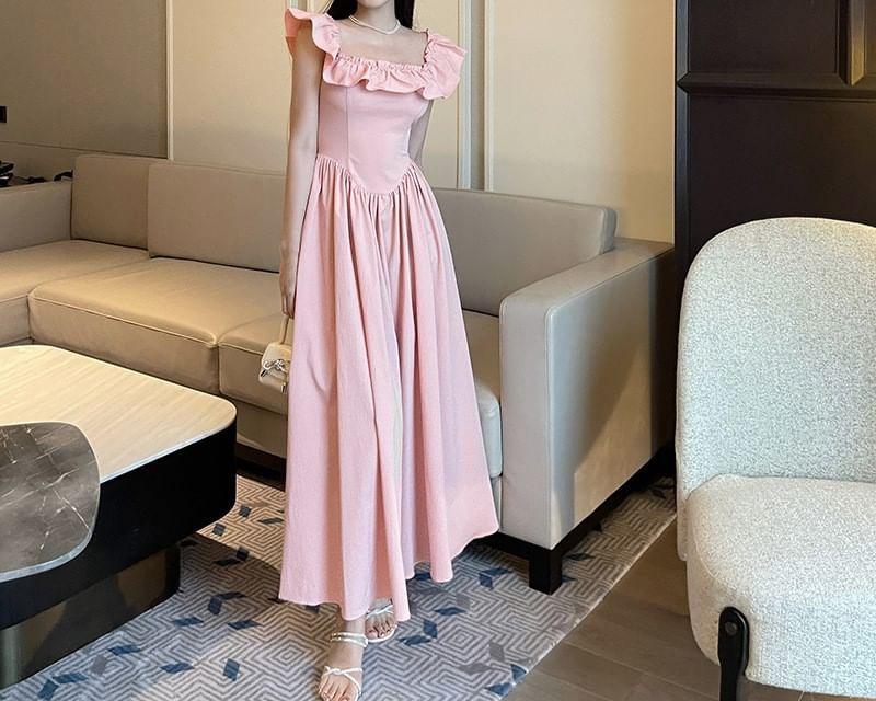 Cap-Sleeve Square Neck Plain Maxi A-Line Dress Product Image