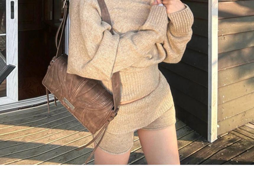 Low Rise Plain Knit Hot Pants / One-Shoulder Sweater Product Image