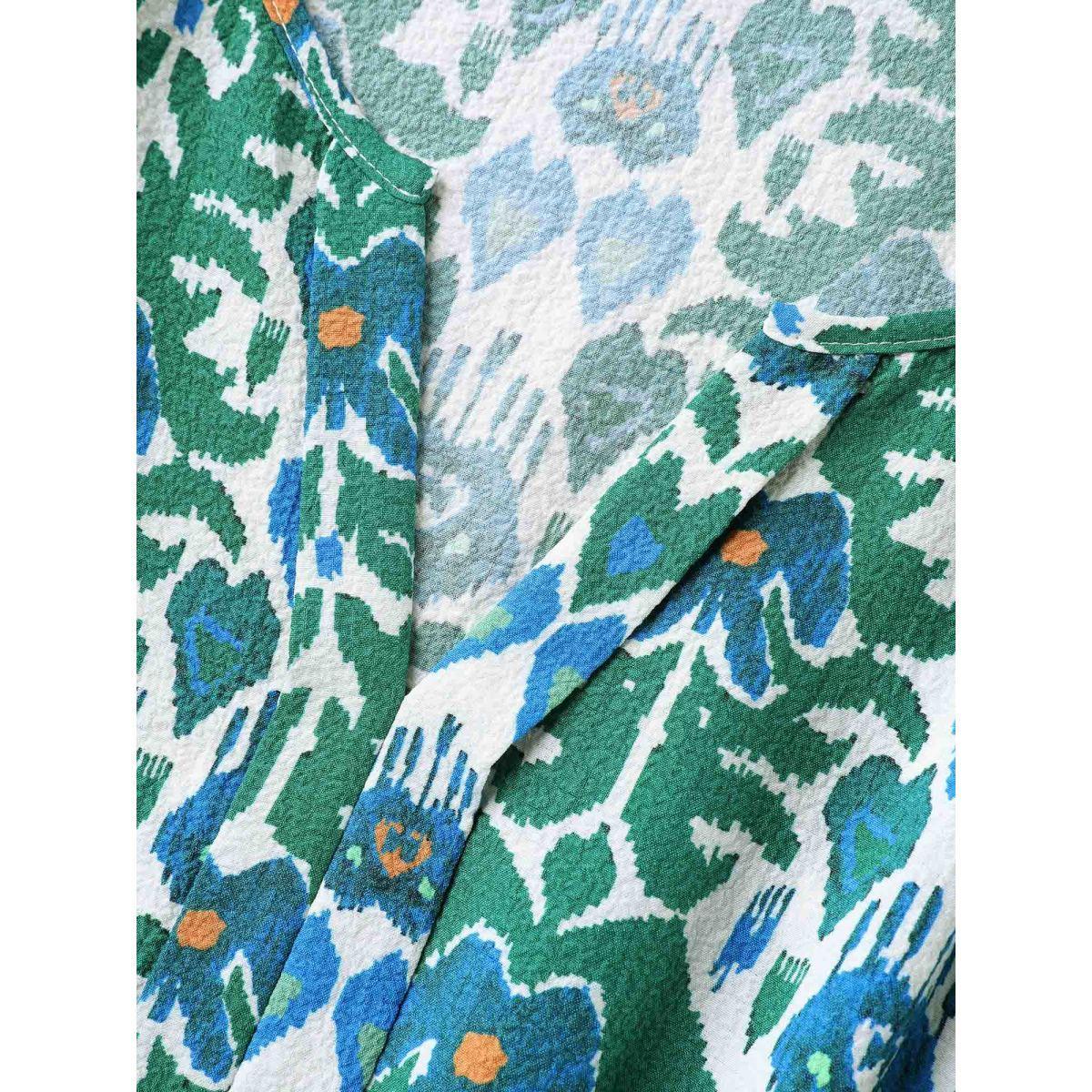 Plus Size Boho Pattern Stretchy Waist Pockets Midi Dress Teal Women Flat collar with V-notch Short sleeve Curvy BloomChic 10/M Product Image