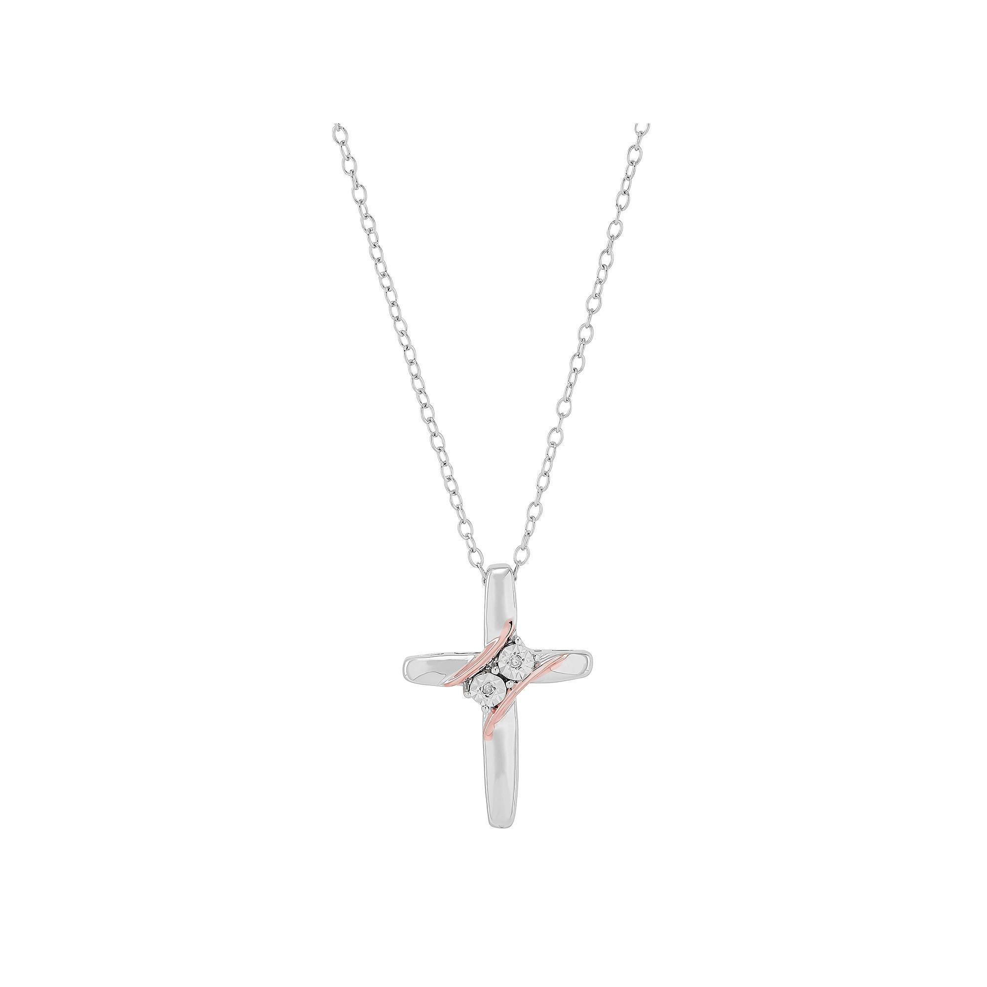 Two-Tone Sterling Silver Diamond Accent Cross Pendant Necklace, Womens Pink Tone Product Image