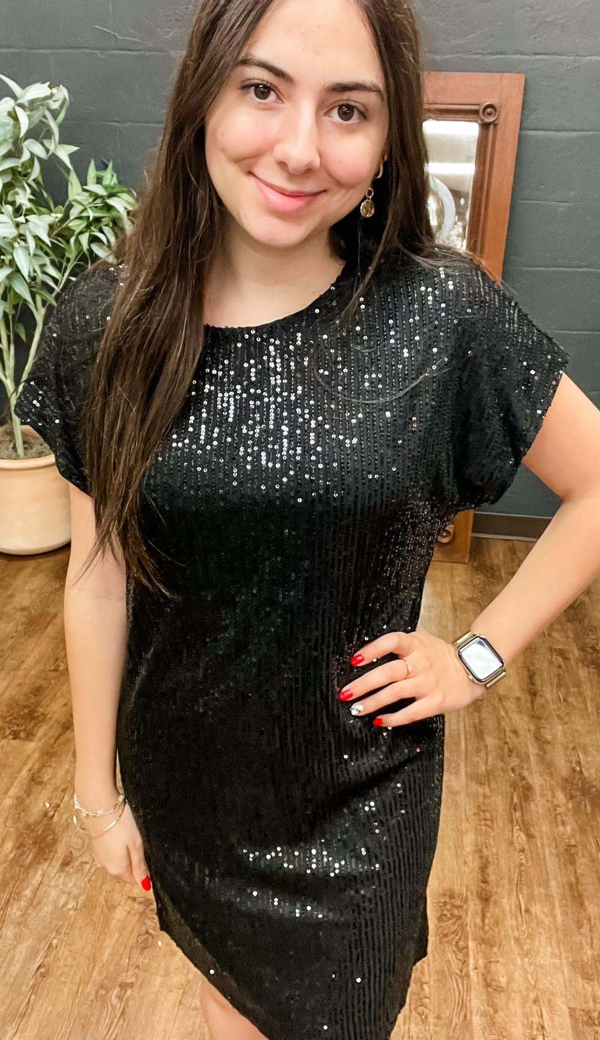 The Audrey | Black Short Sleeve Sequin Dress (Small to Large) Product Image