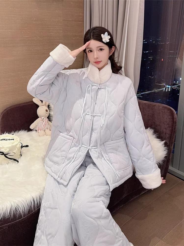 Pajama Set: Plain Fluffy Trim Shirt + Pants Product Image