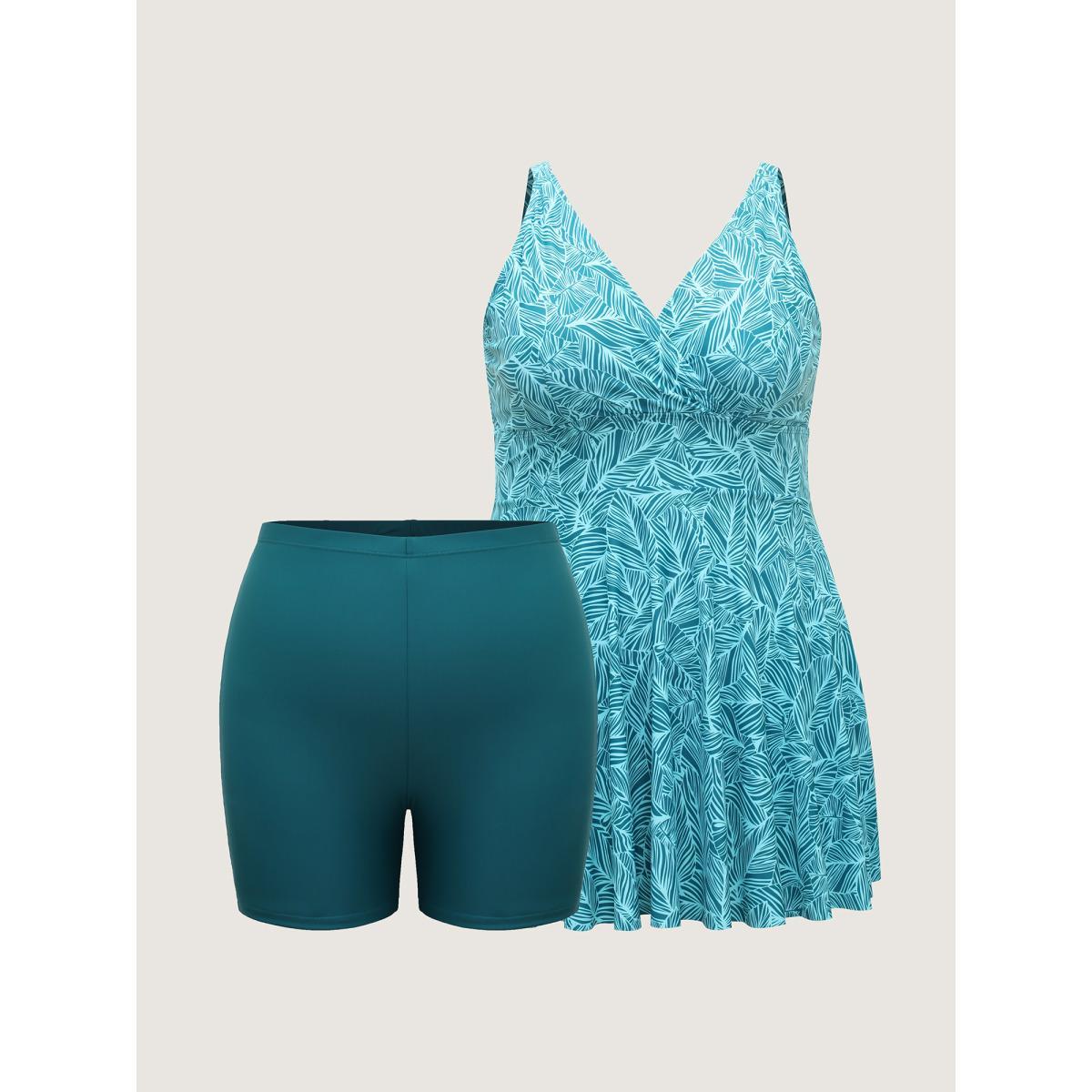 Plus Size Leafy Print Fit and Flare Swim Dress Women's Swimwear Cyan Beach Bodycon Overlap Collar High stretch Curve Swim Dresses BloomChic 18-20/2X Product Image