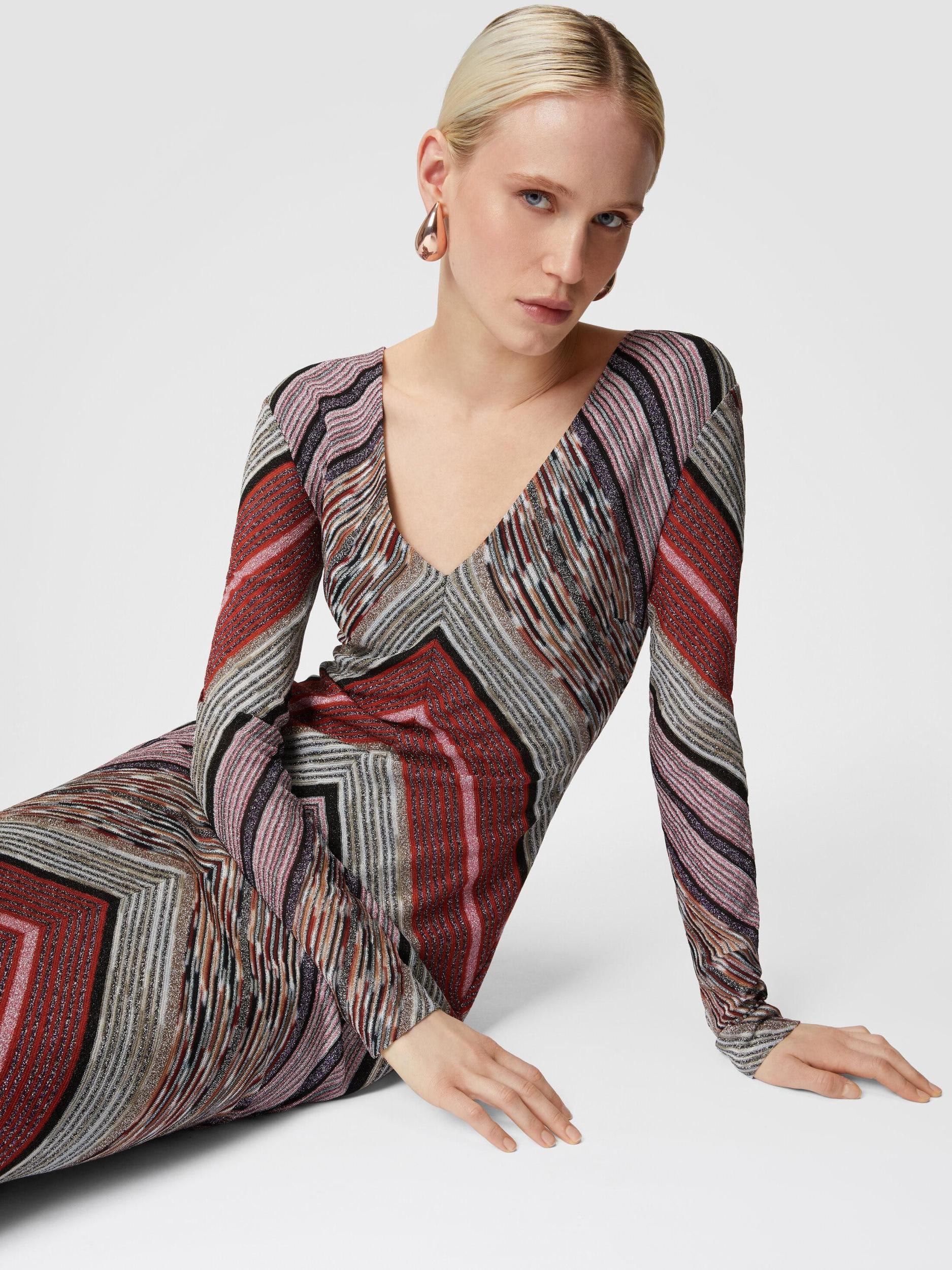 Long lamé slub dress with plunging V-neckline Product Image