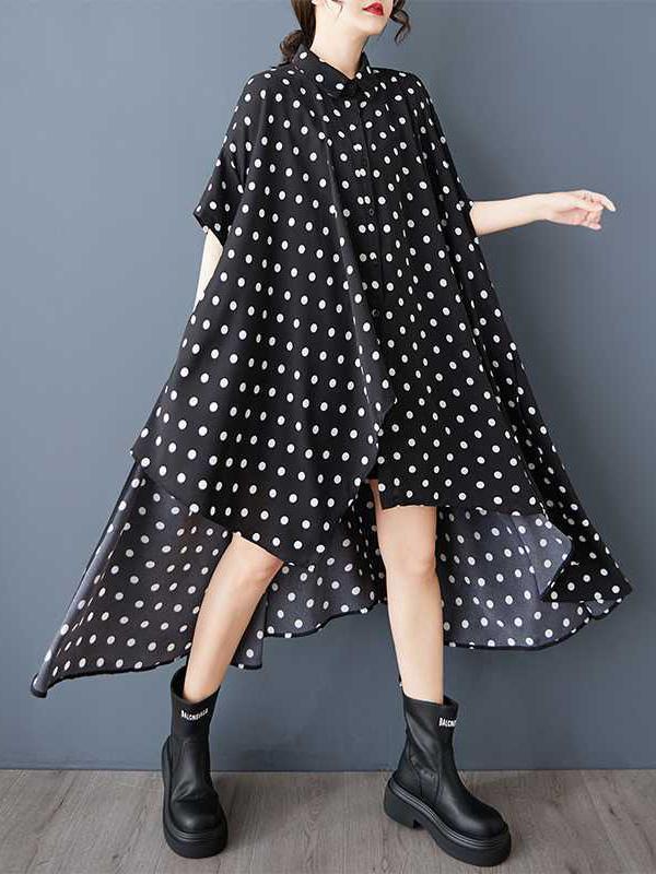 A-Line High-Low Asymmetric Buttoned Polka-Dot Lapel Midi Dresses Shirt Dress Product Image