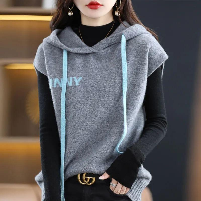 Lettering Print Drawstring Hooded Sweater Vest Product Image