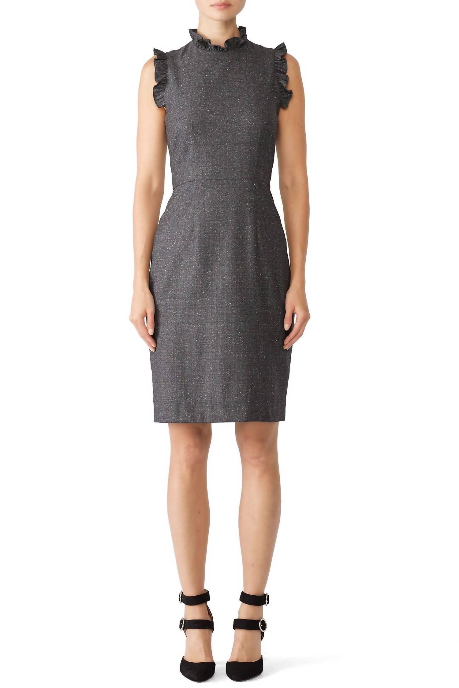REBECCA TAYLOR Tweed Ruffle Sleeveless Pencil Dress In Gray In Grey Product Image