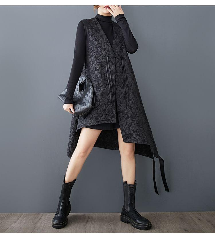 V-Neck Floral Jacquard Asymmetrical Frog Buttoned Long Vest Product Image