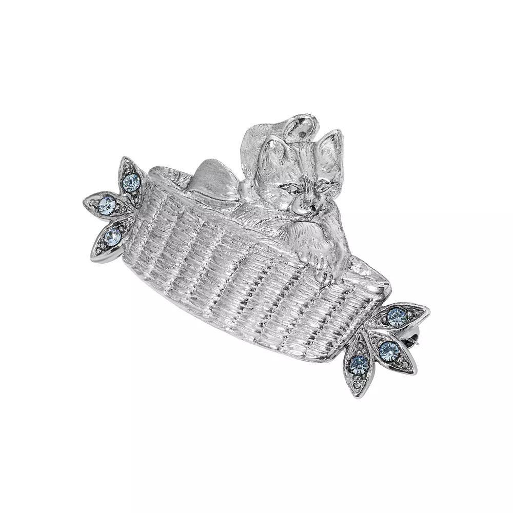 1928 Silver Tone Cat-In-Basket Brooch, Womens, Gray Product Image