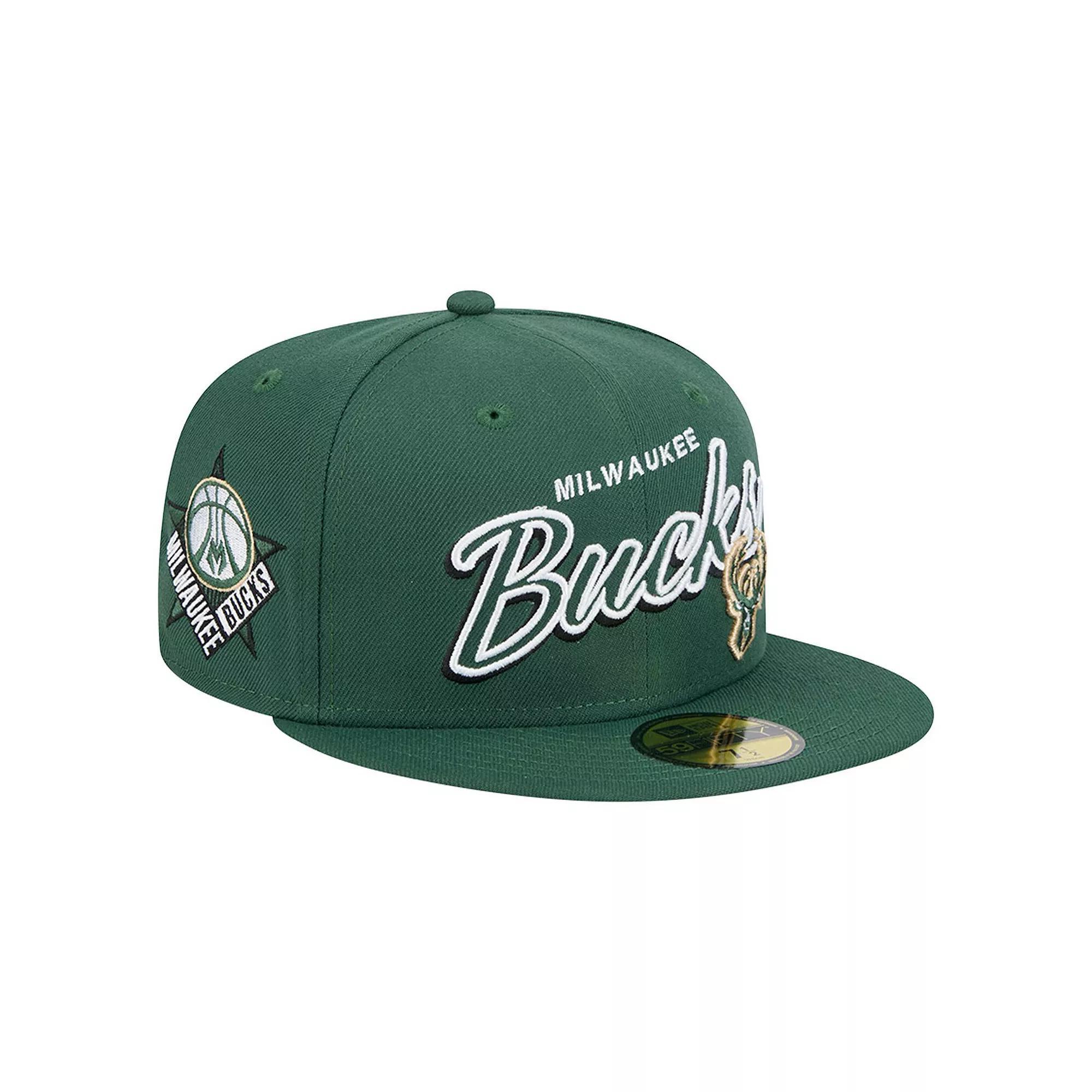 Men's New Era Hunter Green Milwaukee Bucks Sport Night Script Sided 59FIFTY Fitted Hat, Size: 7 1/8, Team Product Image