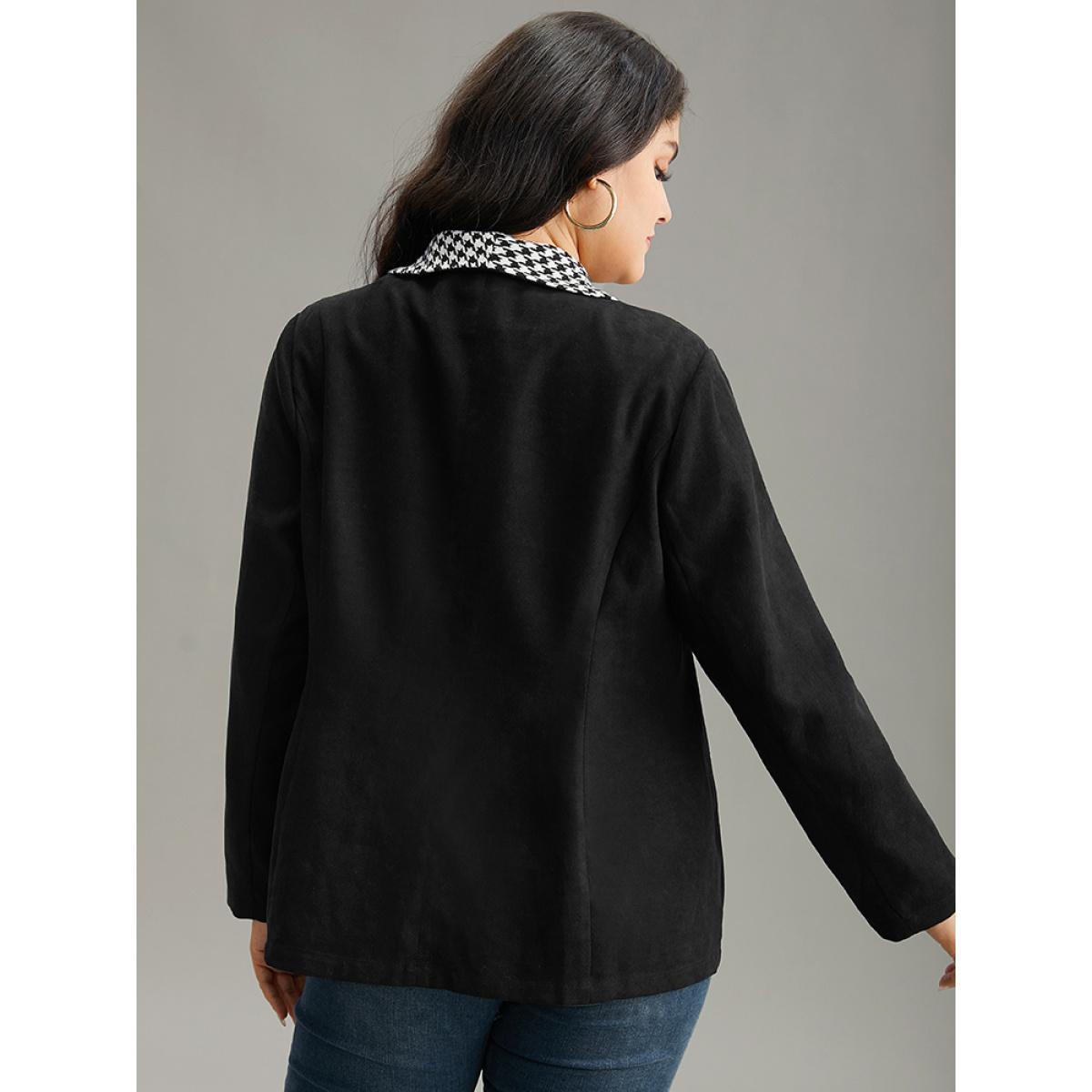 Plus Size Houndstooth Patchwork Contrast Twill Lapel Collar Blazer Black Women Dailywear Houndstooth Contrast Sleeve Long Sleeve Lapel Collar 28/5X Casual Blazers BloomChic Product Image
