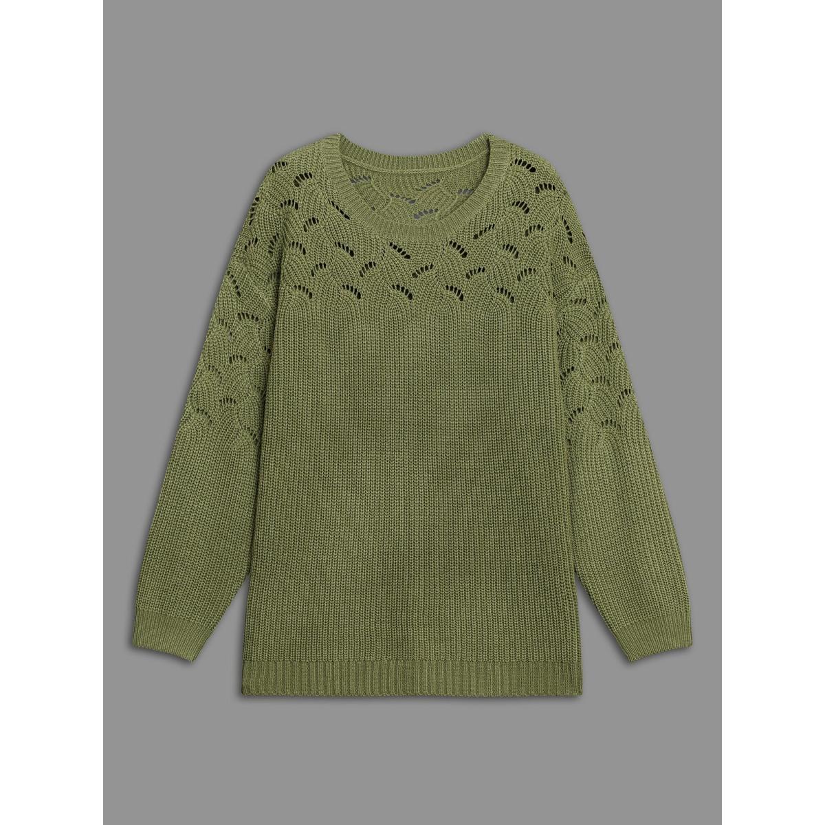 Plus Size Textured Cut-out Balloon Sleeves Pullover Moss Women Casual Loose Long Sleeve Round Neck Everyday Pullovers BloomChic 12/L Product Image