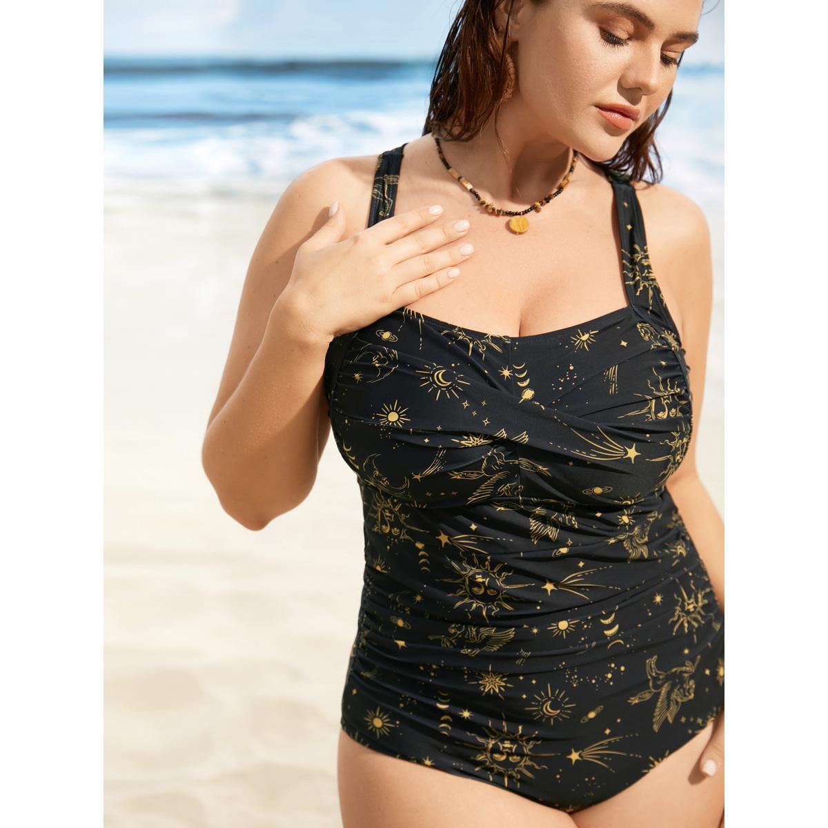 Plus Size Star & Moon Heart Neckline Crossover One Piece Swimsuit Women's Swimwear Black Beach Twist Curve Bathing Suits High stretch One Pieces BloomChic 28/5X Product Image