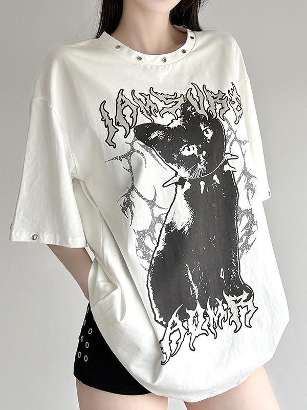 Dark Cat Print Perforated Round Neck Loose T-Shirt Product Image