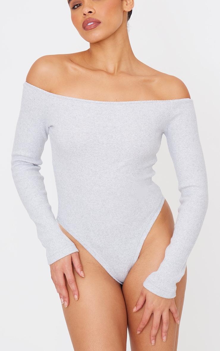Grey Marl Brushed Rib Bardot Long Sleeve Bodysuit Product Image