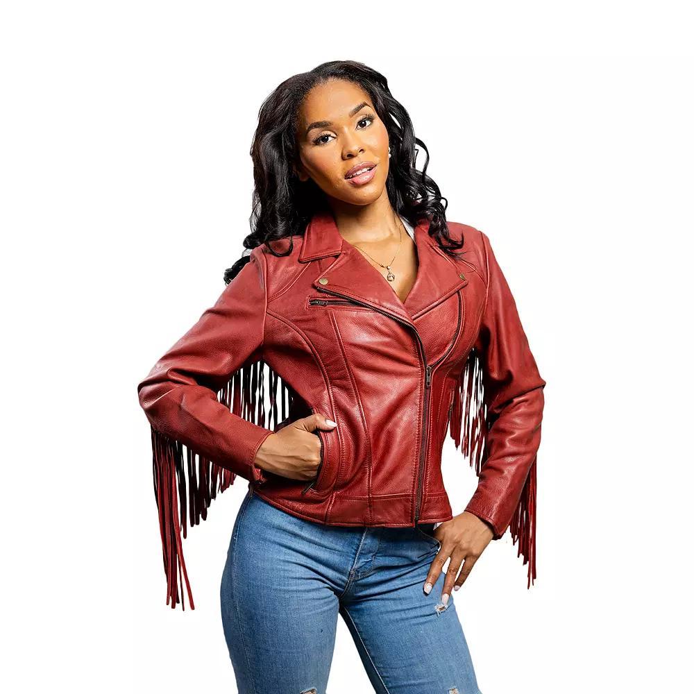 Plus Size Whet Blu Daisy Fringed Asymmetrical Moto Leather Jacket, Women's, Size: 4XL, Red Product Image