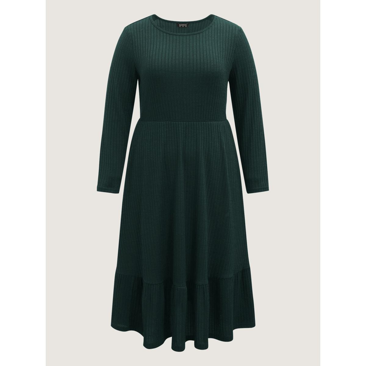 Plus Size Solid Pocket Rib Knit Ruffle Hem Dress Without Belt DarkGreen Women Basics Non Round Neck Long Sleeve Curvy Midi Dress BloomChic 30/6X Product Image