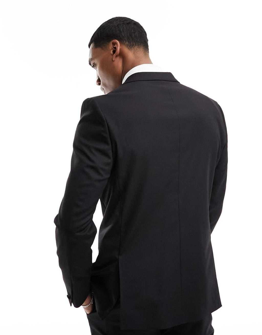 River Island skinny tuxedo jacket in black Product Image