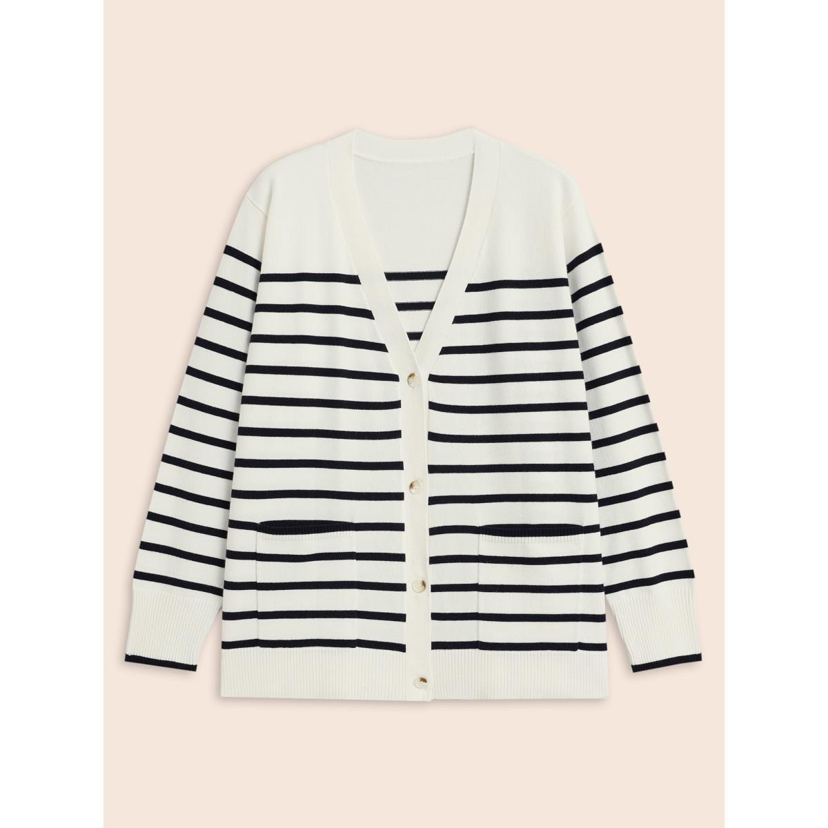Plus Size Supersoft Essentials Striped Button Up Cardigan Ivory Women Casual Loose Long Sleeve Everyday Cardigans BloomChic 18-20/2X Product Image