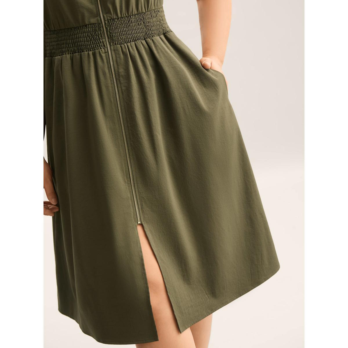 Plus Size Zipper Front Woven A-Line Midi Skirt ArmyGreen Women V-neck Cap Sleeve Curvy BloomChic 22-24/3X Product Image