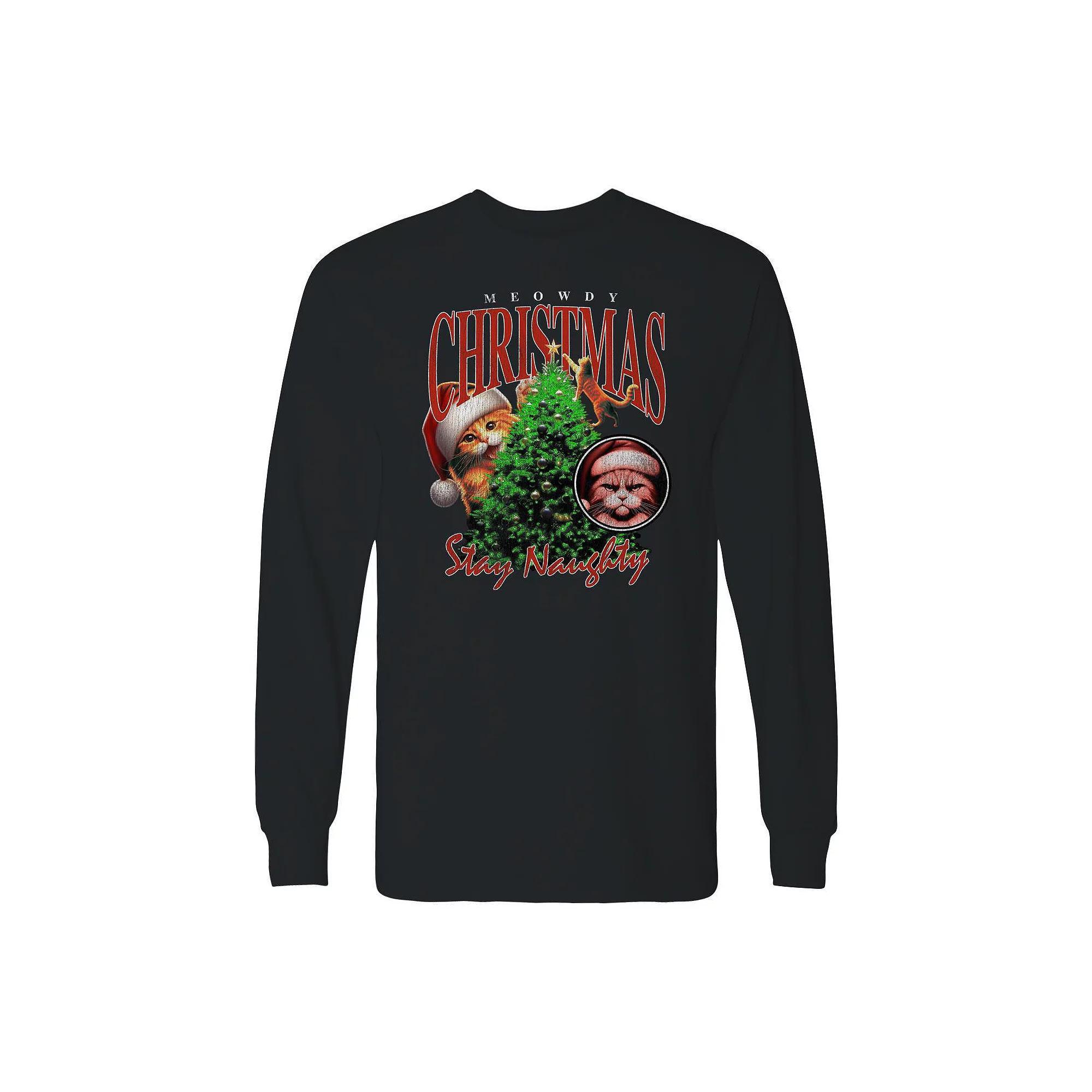 Men's Meowdy Christmas Rap Long Sleeve Graphic Tee, Size: XXL, Black Product Image
