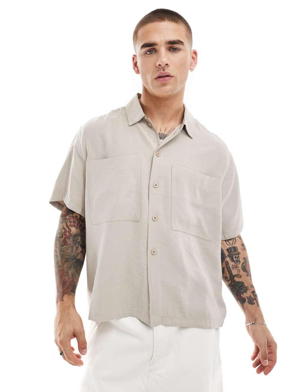 Bershka premium pocket shirt in stone  Product Image