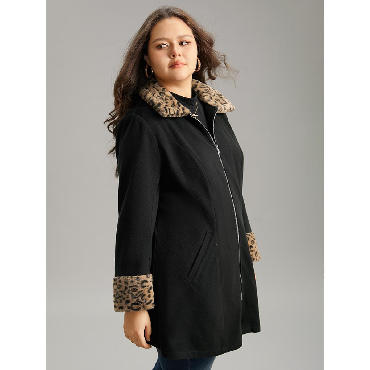 Plus Size Leopard Patchwork Fuzzy Trim Zipper Coat Women Black Casual Contrast Ladies Dailywear Winter Coats BloomChic 10/M Product Image