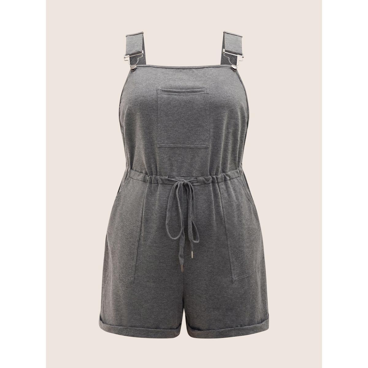 Plus Size DimGray Solid Pocket Drawstring Overall Romper Women Casual Sleeveless Non Everyday Loose Jumpsuits BloomChic 30/6X Product Image