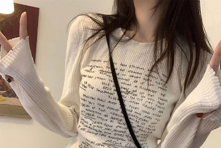 Long-Sleeve Crew Neck Lettering Print Ribbed T-Shirt (Various Designs) Product Image