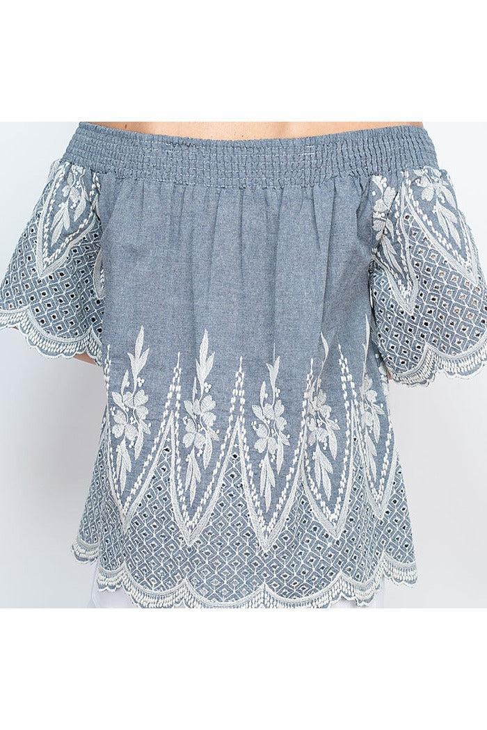 Denim color off shoulder embroideRed top Product Image