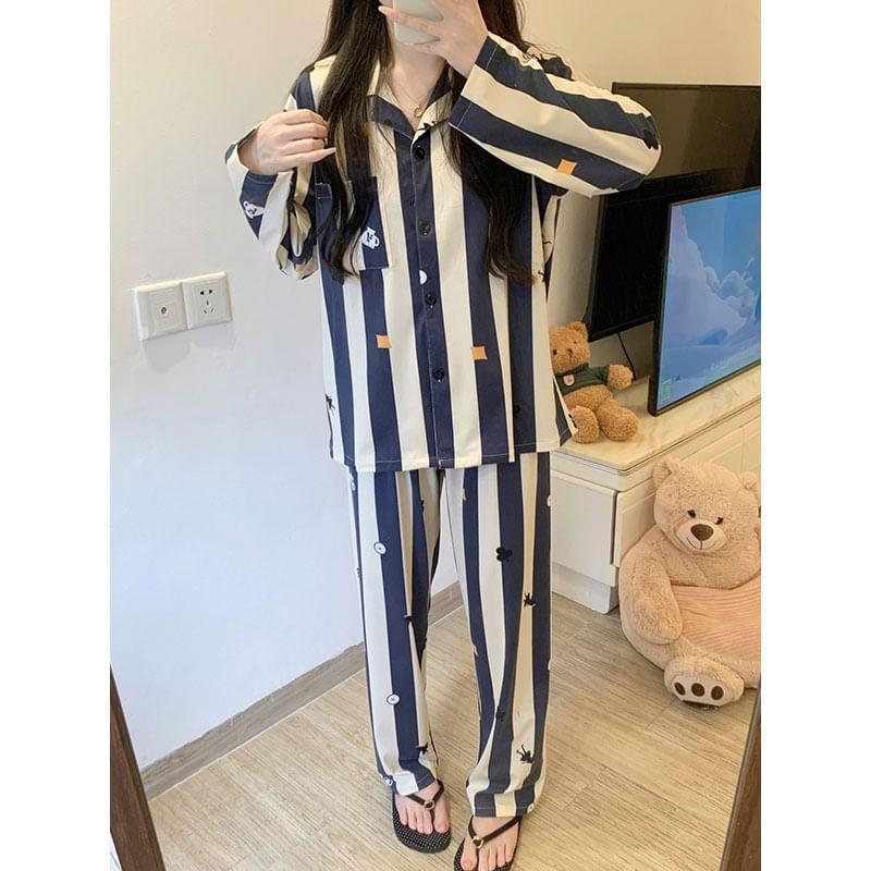 Pajama Set: Long-Sleeve Striped Shirt + Pants Product Image