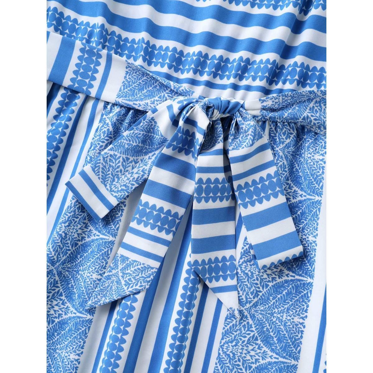Plus Size Nautical Stripes Belted Pockets Maxi Dress Skyblue Women Round Neck Cap Sleeve Curvy BloomChic 18-20/2X Product Image