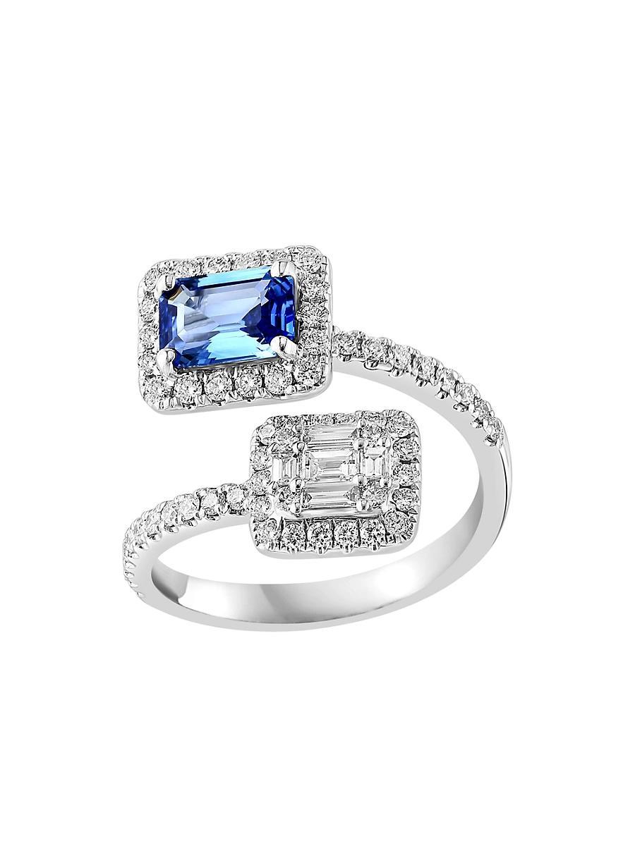 Womens 18K White Gold, Blue Sapphire & 0.19 TCW Diamond Bypass Ring Product Image