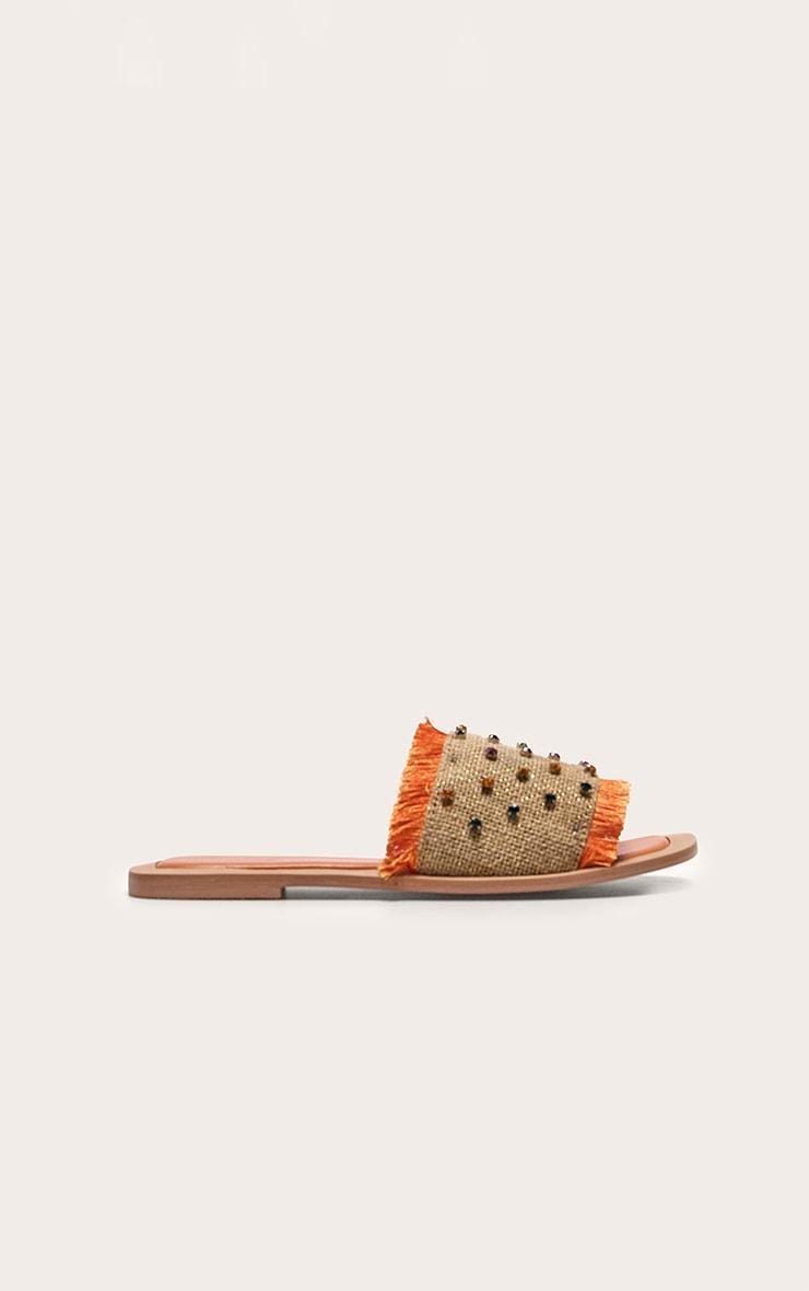 Orange Wide Fit Round Toe Raffia Fringed Diamante Woven Flat Mule Sandals Product Image