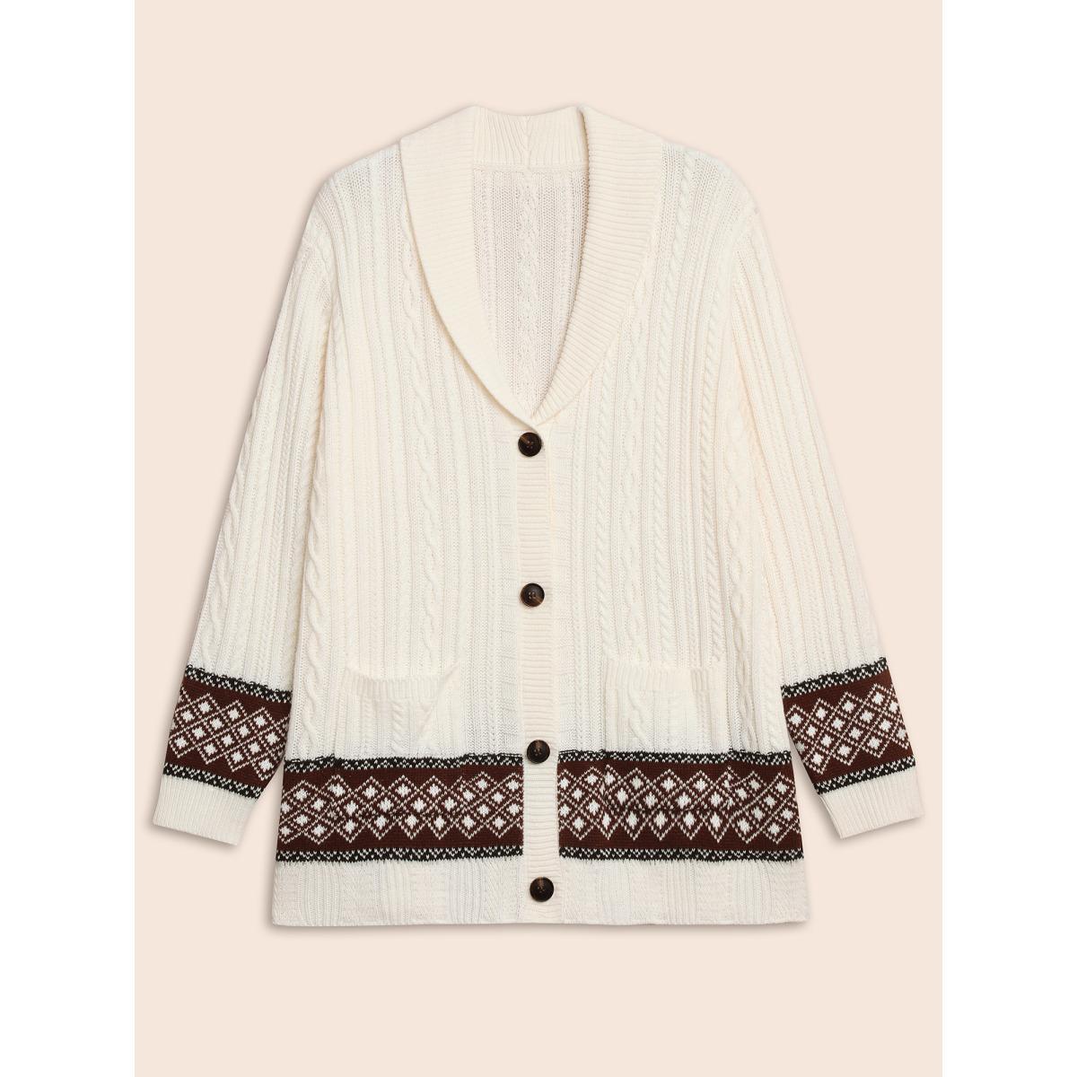 Plus Size Cable Knit Pockets Collared Cardigan Ivory Women Casual Loose Long Sleeve Everyday Cardigans BloomChic 30/6X Product Image