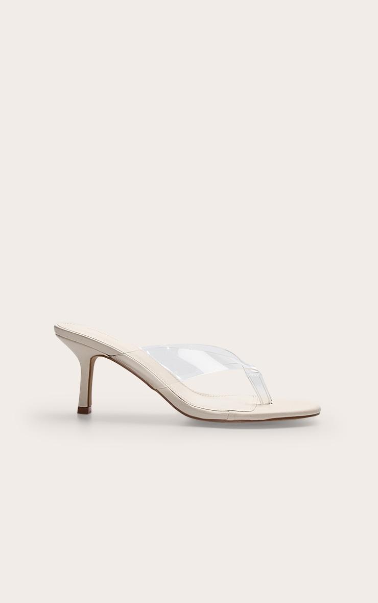 Ecru Pu Round Toe Thong Perspex Straps Mid Heeled Mules Product Image