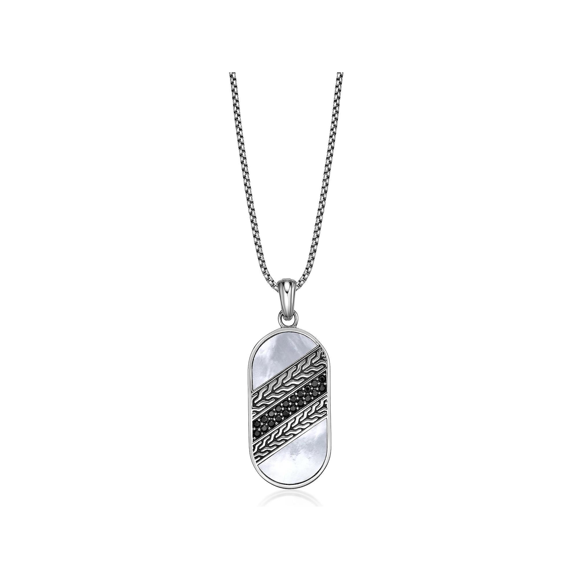 LYNX Men's Stainless Steel Black Spinel & Mother of Pearl Dog Tag Pendant Necklace, Size: 24" Product Image