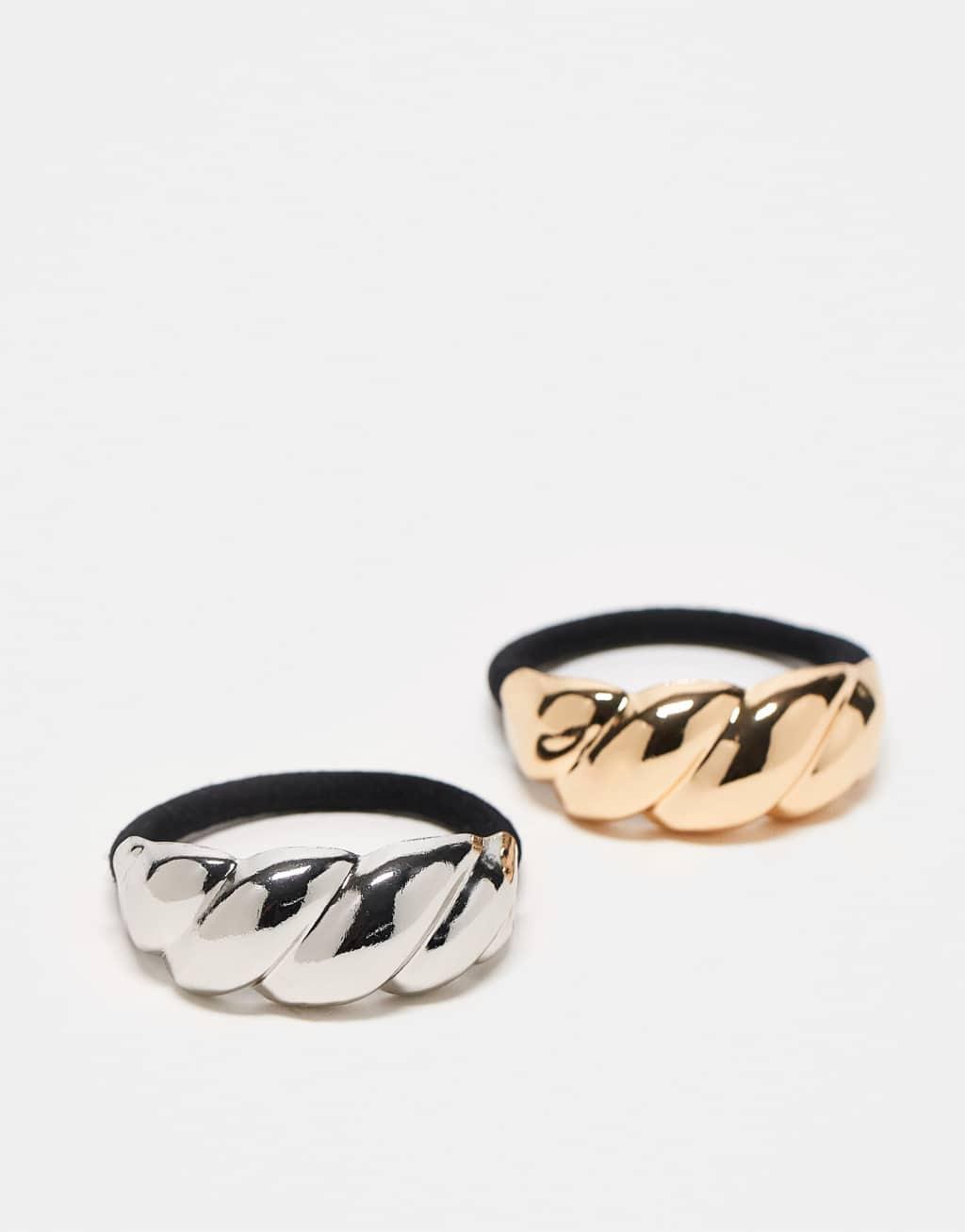 Reclaimed Vintage 2 pack hair tie with metal detail in gold and silver Product Image