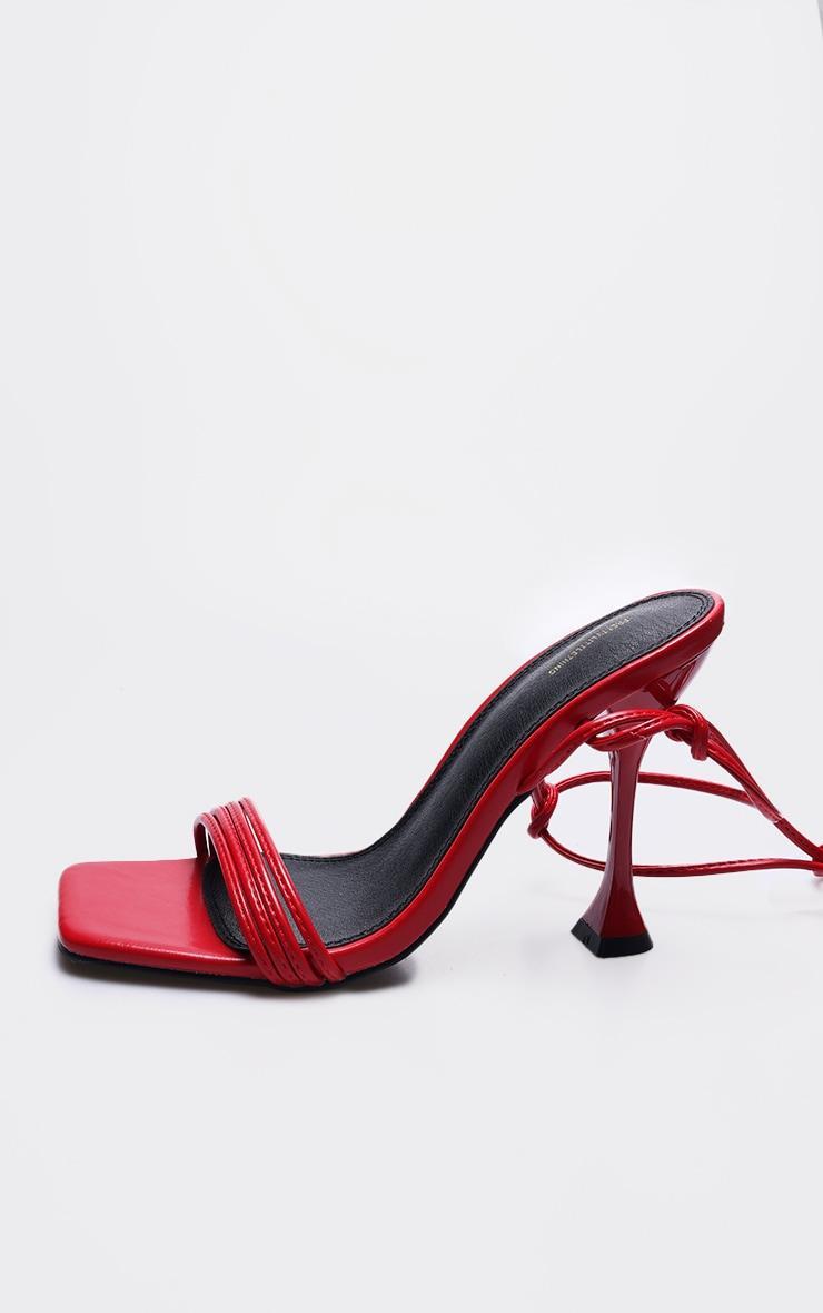 Red PU Square Toe Strappy Lace Up Mid Heeled Sandals Product Image