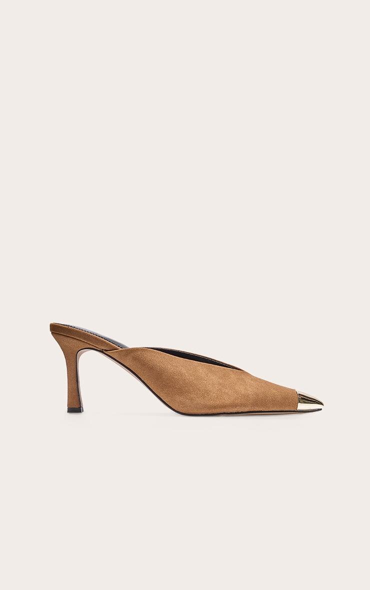 Camel Faux Suede Silver Toe Cap Point Toe Heeled Mules Product Image