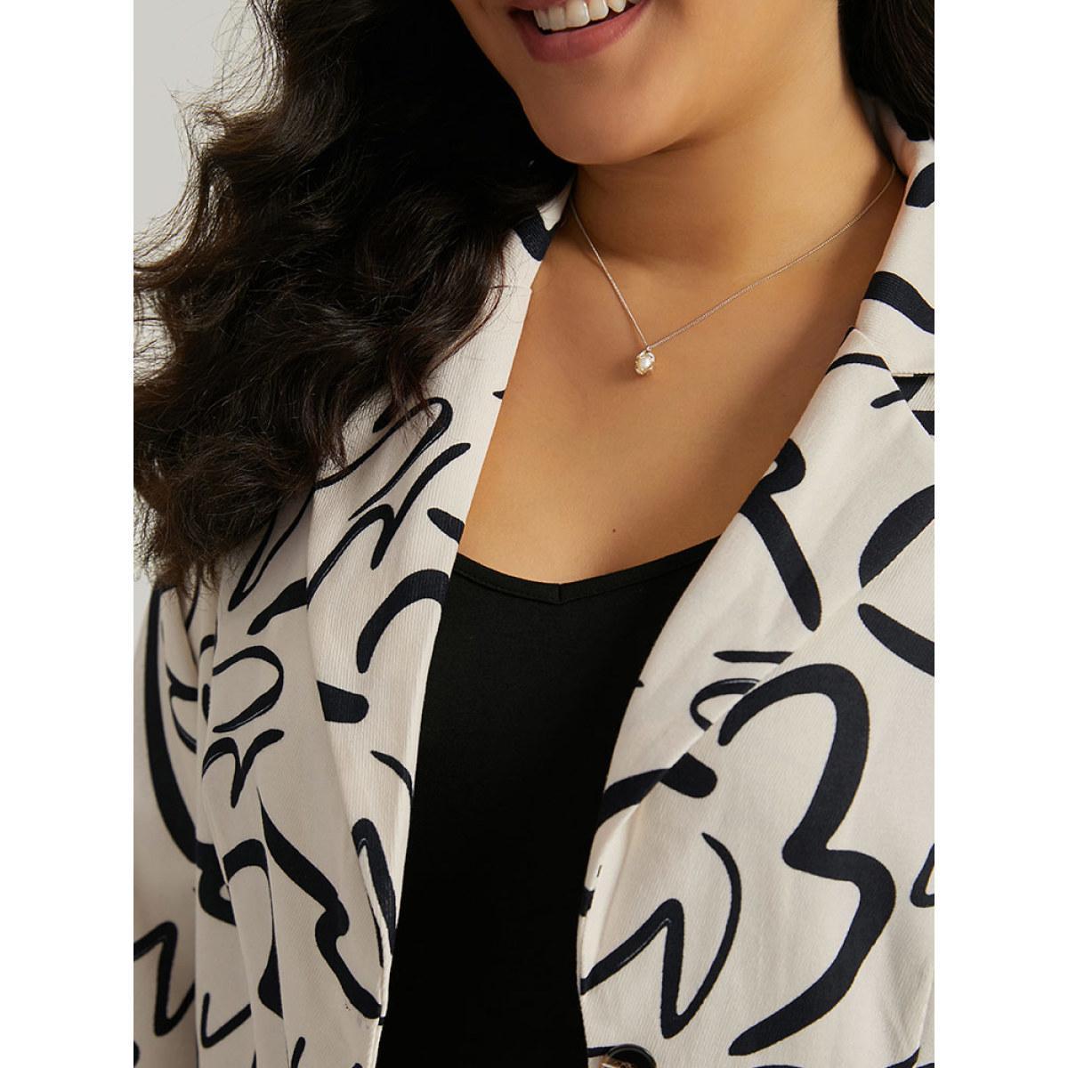 Plus Size Line Print Suit Collar Pocket Button Through Blazer Ivory Women Dailywear Geometric Button Sleeve Long Sleeve Suit Collar 12/L Pocket Office Blazers BloomChic Product Image