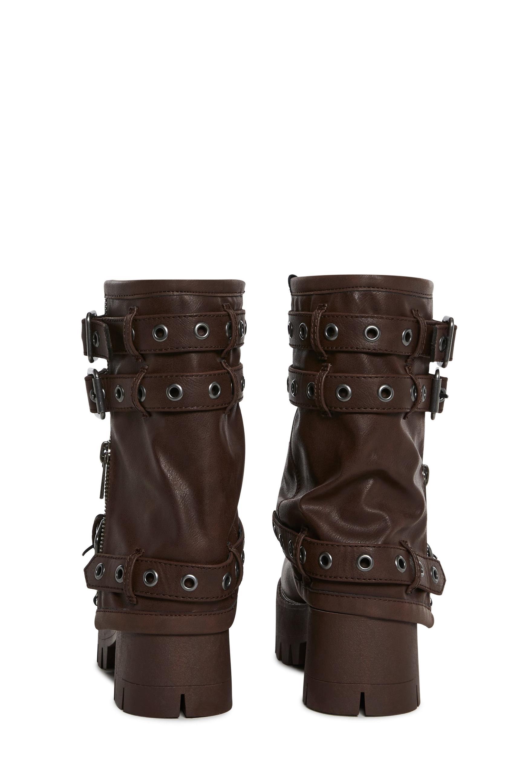 Vegan Leather Multi Buckle Mid Calf Zippered Combat Boots Darker Wavs - Brown Product Image