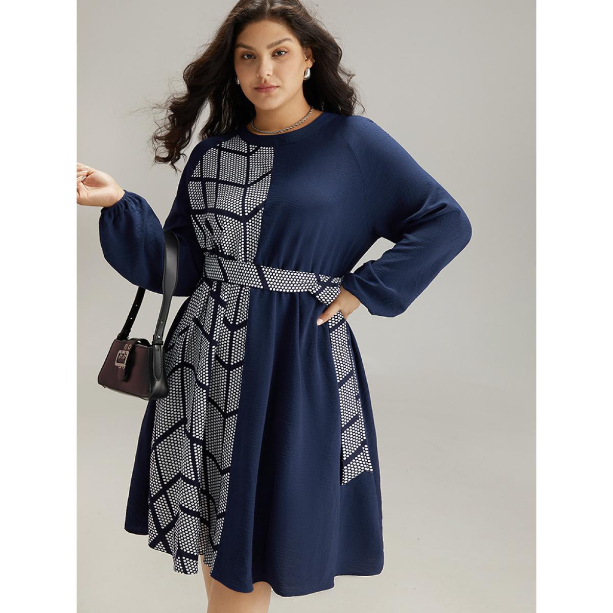 Plus Size Polka Dot Geometric Patchwork Belted Dress Navy Women At the Office Elastic cuffs Round Neck Long Sleeve Curvy Midi Dress BloomChic 12/L Product Image