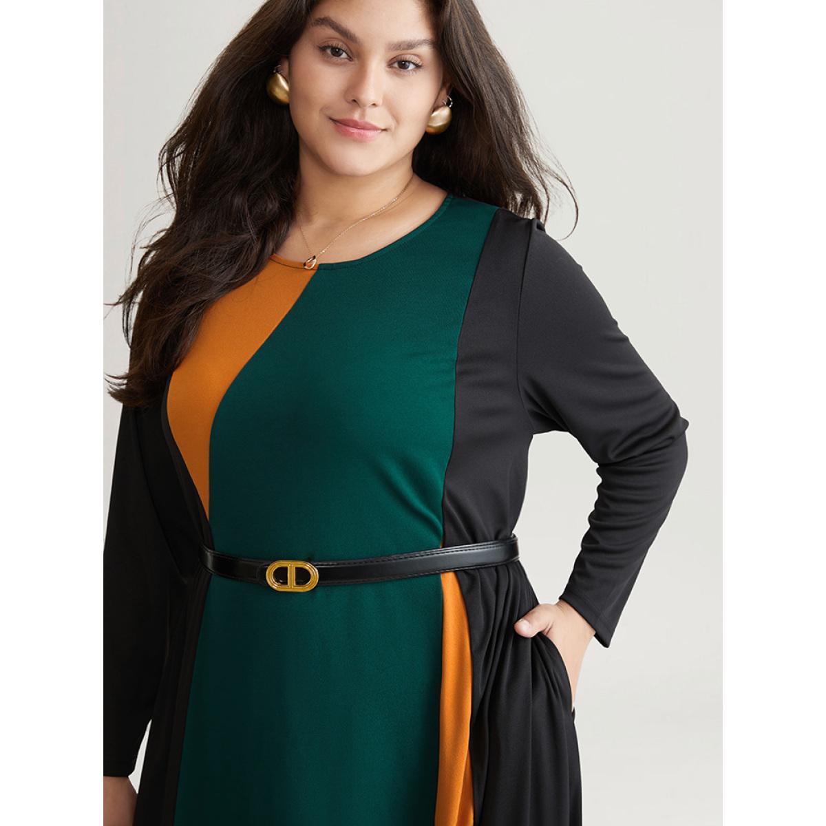 Plus Size Contrast Colorblock Pocket Long Sleeve Dress Green Women At the Office Belted Round Neck Long Sleeve Curvy Midi Dress BloomChic 26/4X Product Image