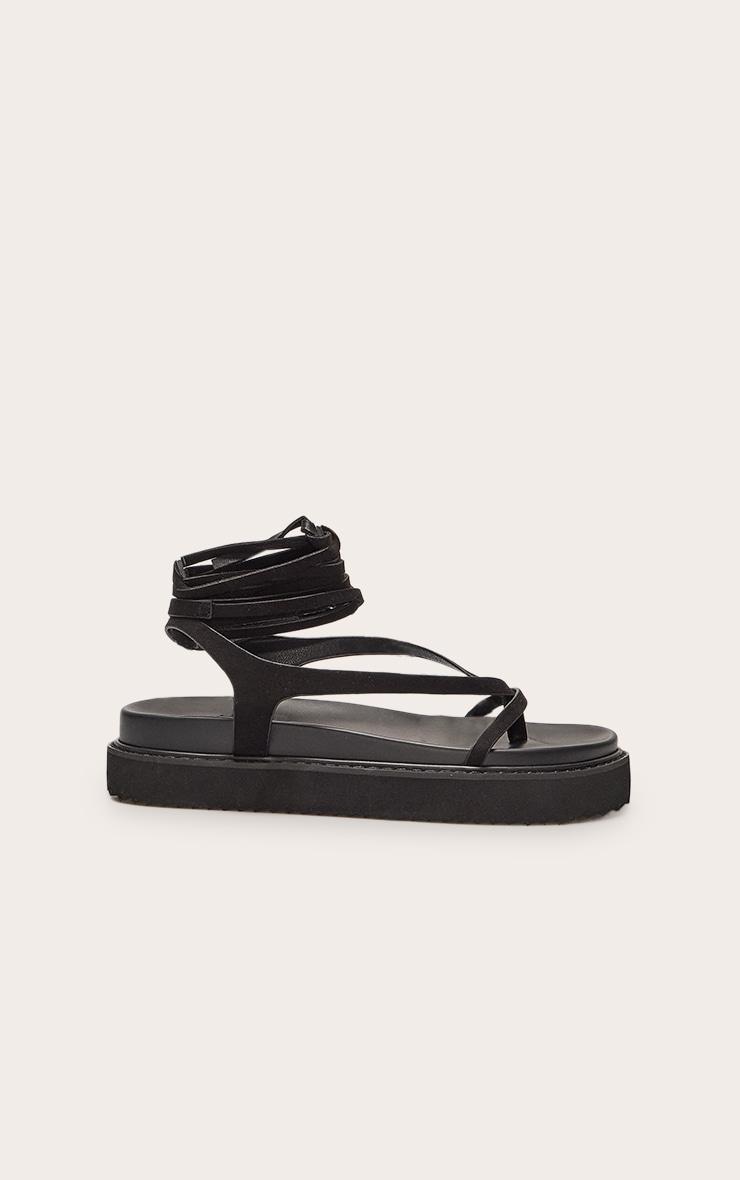 Black Wide Fit Faux Suede Round Toe Lace Up Footbed Sandals Product Image