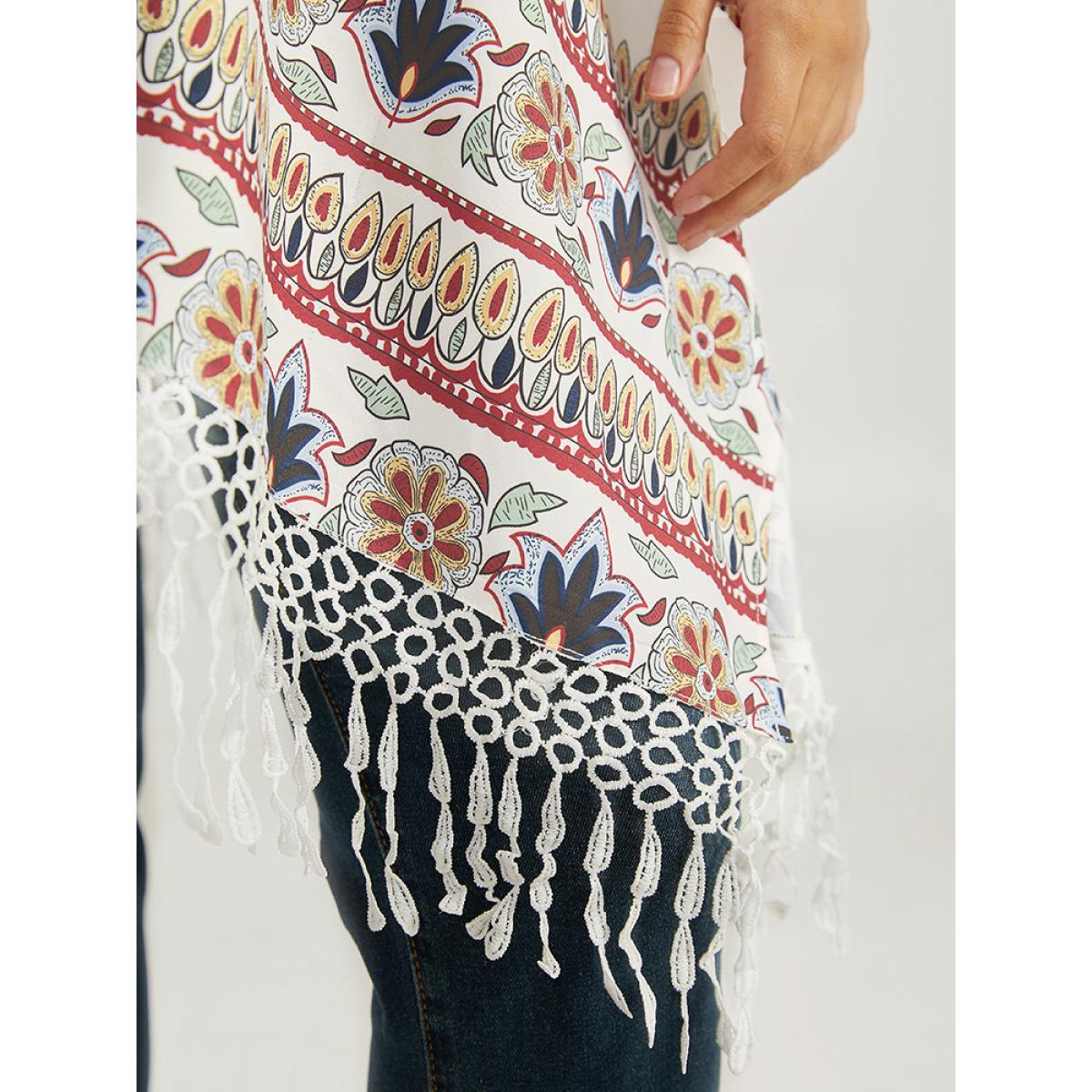 Plus Size Boho Print Asymmetrical Hem Tassel Trim Drape Kimono Women Ivory Casual Drape Loose Dailywear Kimonos BloomChic 30/6X Product Image