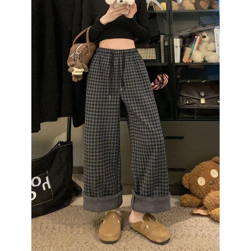 Mid Rise Plaid Wide Leg Pants Product Image