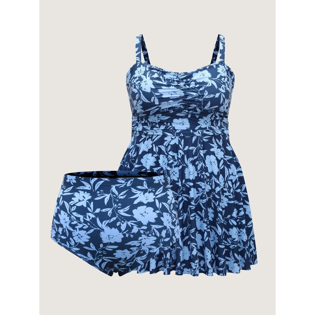 Plus Size Floral Fit and Flare Swim Dress Women's Swimwear Mediumblue Beach Bodycon Heart neckline High stretch Curve Swim Dresses BloomChic 22-24/3X Product Image